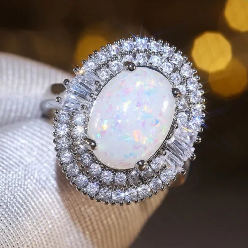 New Big Diamond White Opal S.S Ring